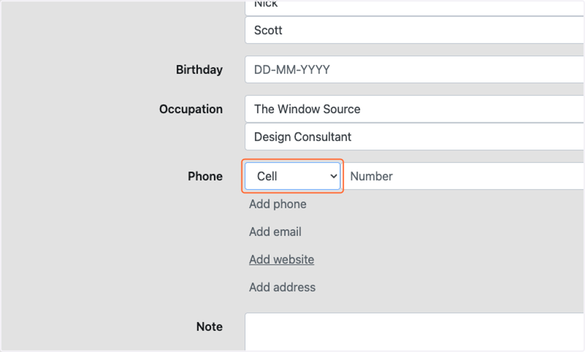 Select type of phone number to add