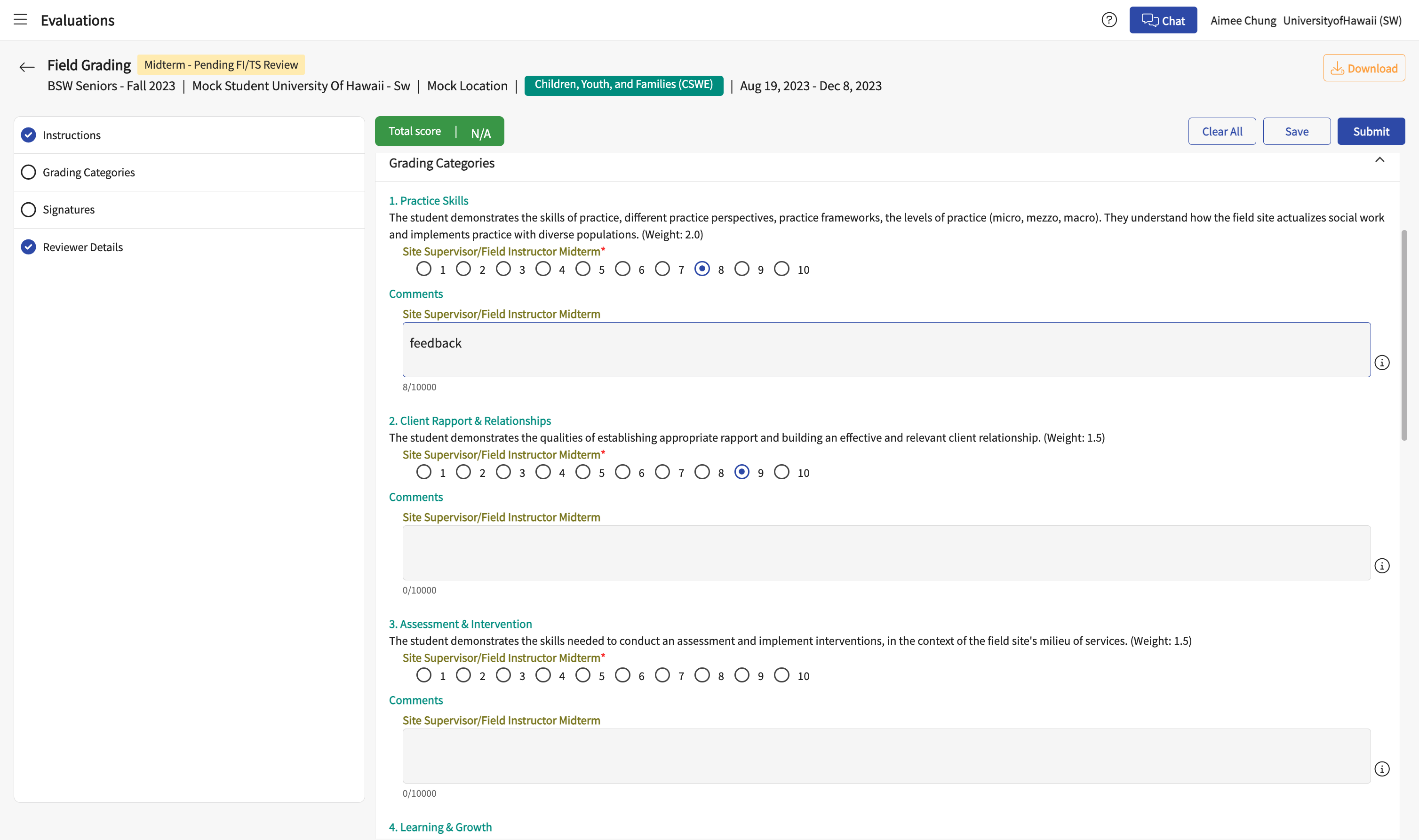 In the comment box, enter feedback for each item scored under 10.
