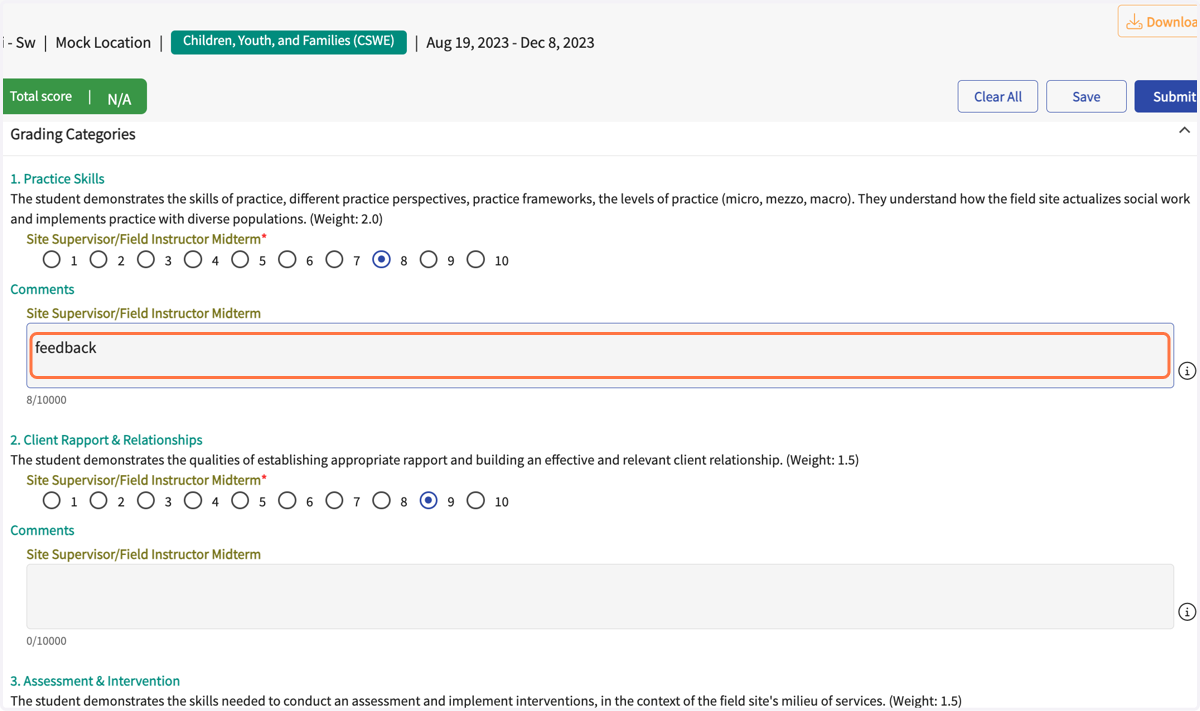 In the comment box, enter feedback for each item scored under 10.