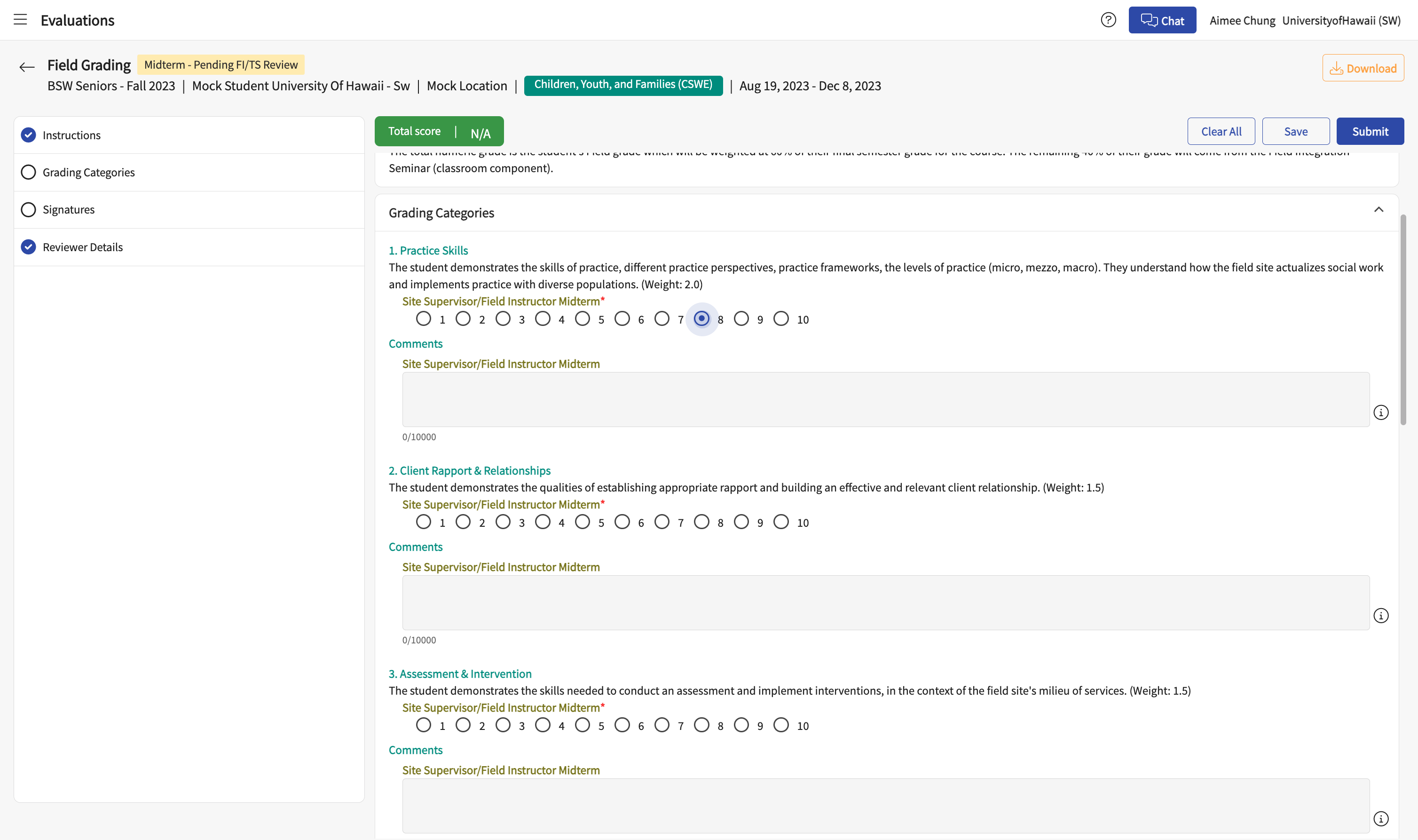 Select a score of 1-10 for each of the six grading categories.