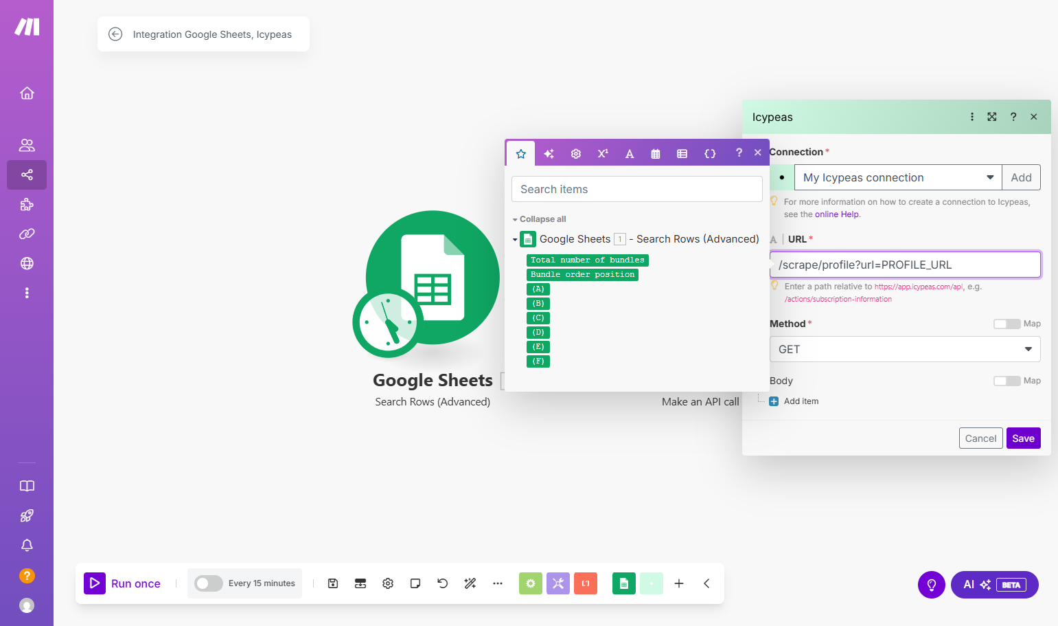After that you have to write the endpoint of the API relative to https://app.icypeas.com/api, so for the profile scraper, it would be: /scrape/profile?url=PROFILE_URL