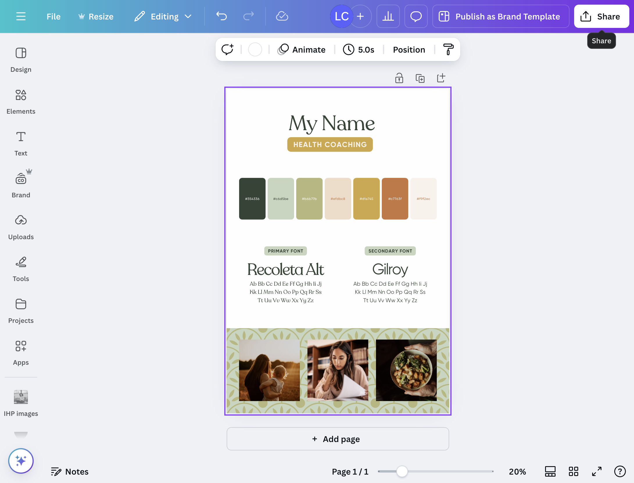 To download your customized brand board, click "Share" in the top right