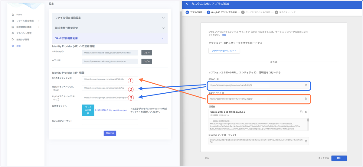 GoogleWorkspaceの設定情報をConnected Baseに入力していきます