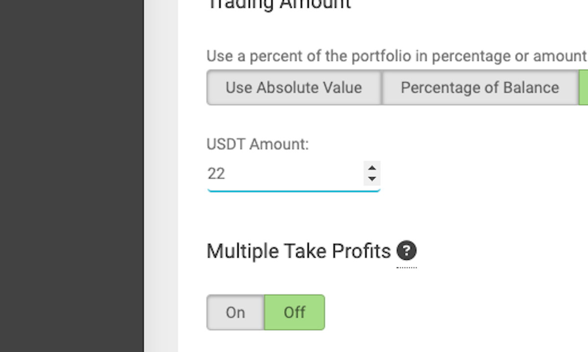SELECT AMOUNT OR % OF WALLET and enter amount or % to trade