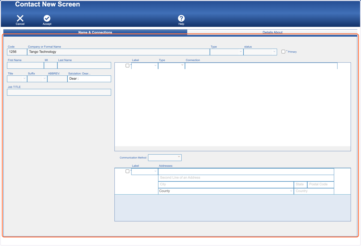 In the Contact New Screen, fill in what information you know.