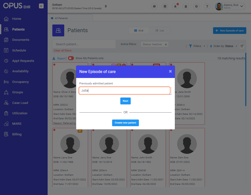 Type the name of the patient in the "Previously admitted patient" box.