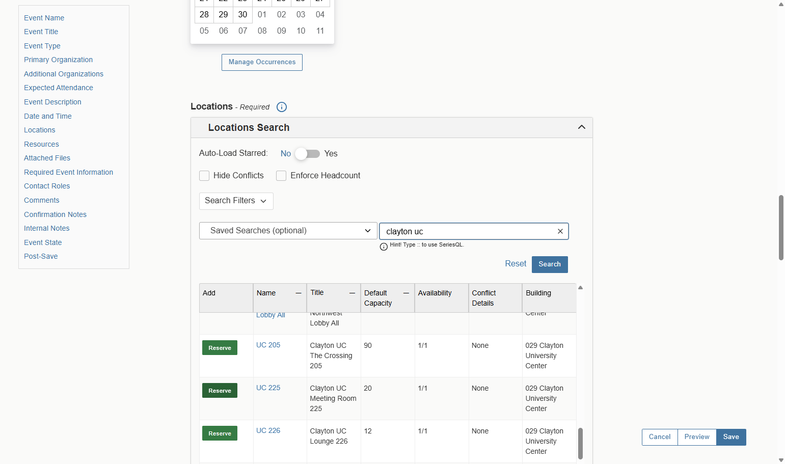 Once you find the room you would like to use, select reserve. If the room is not in the list it is most likely not available. Anything that is marked "conflict" means there is another event that is scheduled during the timeframe of your event, or the