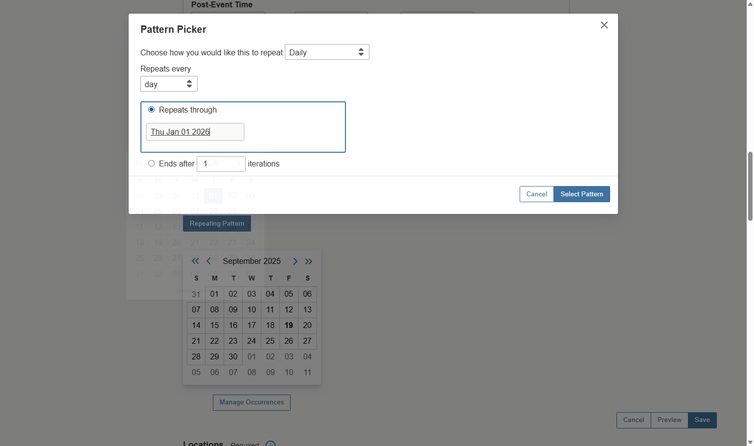 If Repeat Pattern is selected, you can also select how often, and through what date your event will repeat