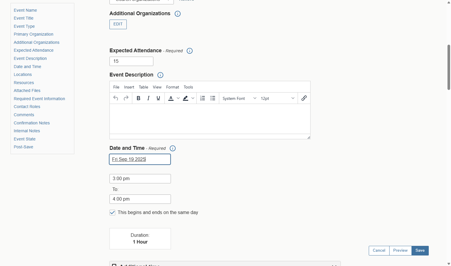 Enter the date and start/end time for your event