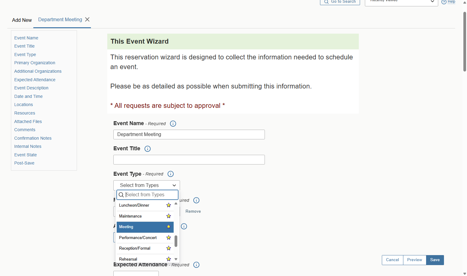 Click on Event Type, Required Select from Types