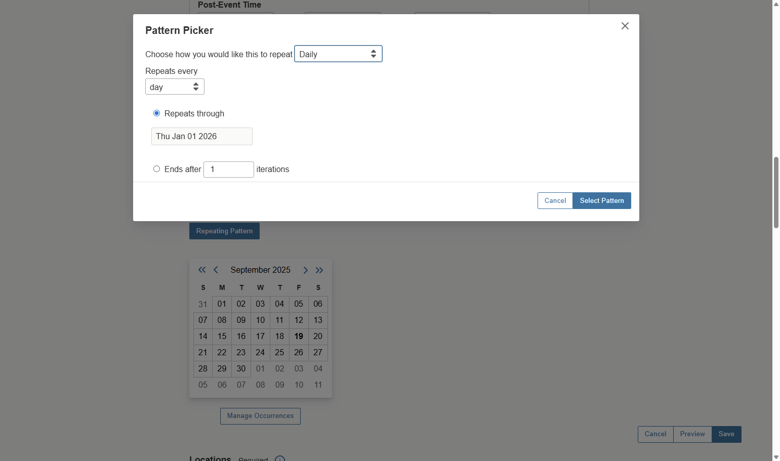 If Repeat Pattern is selected, identify how often your event will be repeating