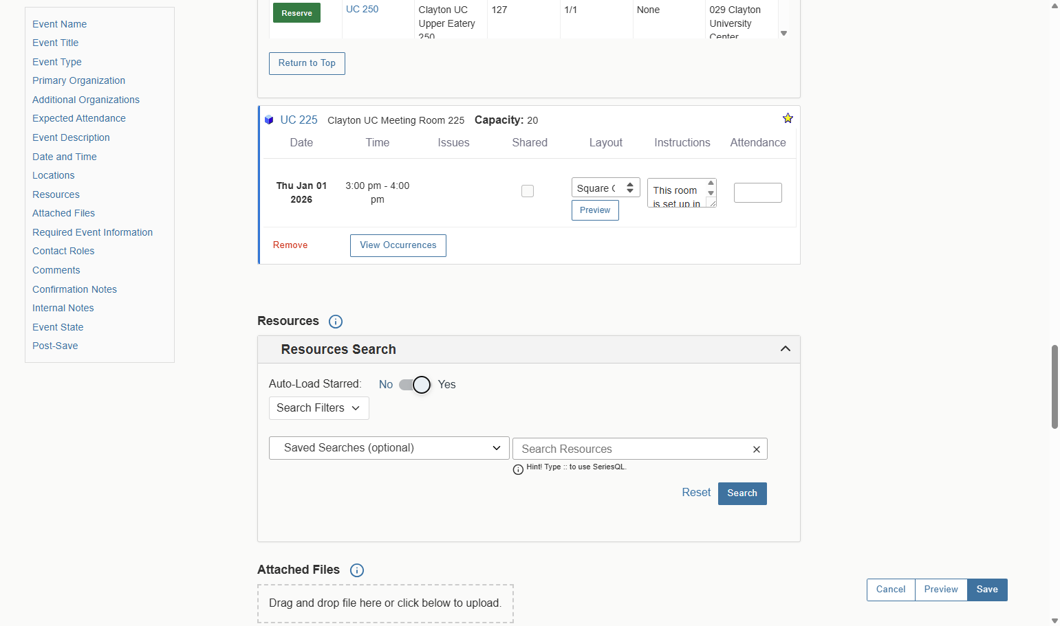 If you are looking for specific resources for your event(mics, chairs, tables) those can be found in the resource search