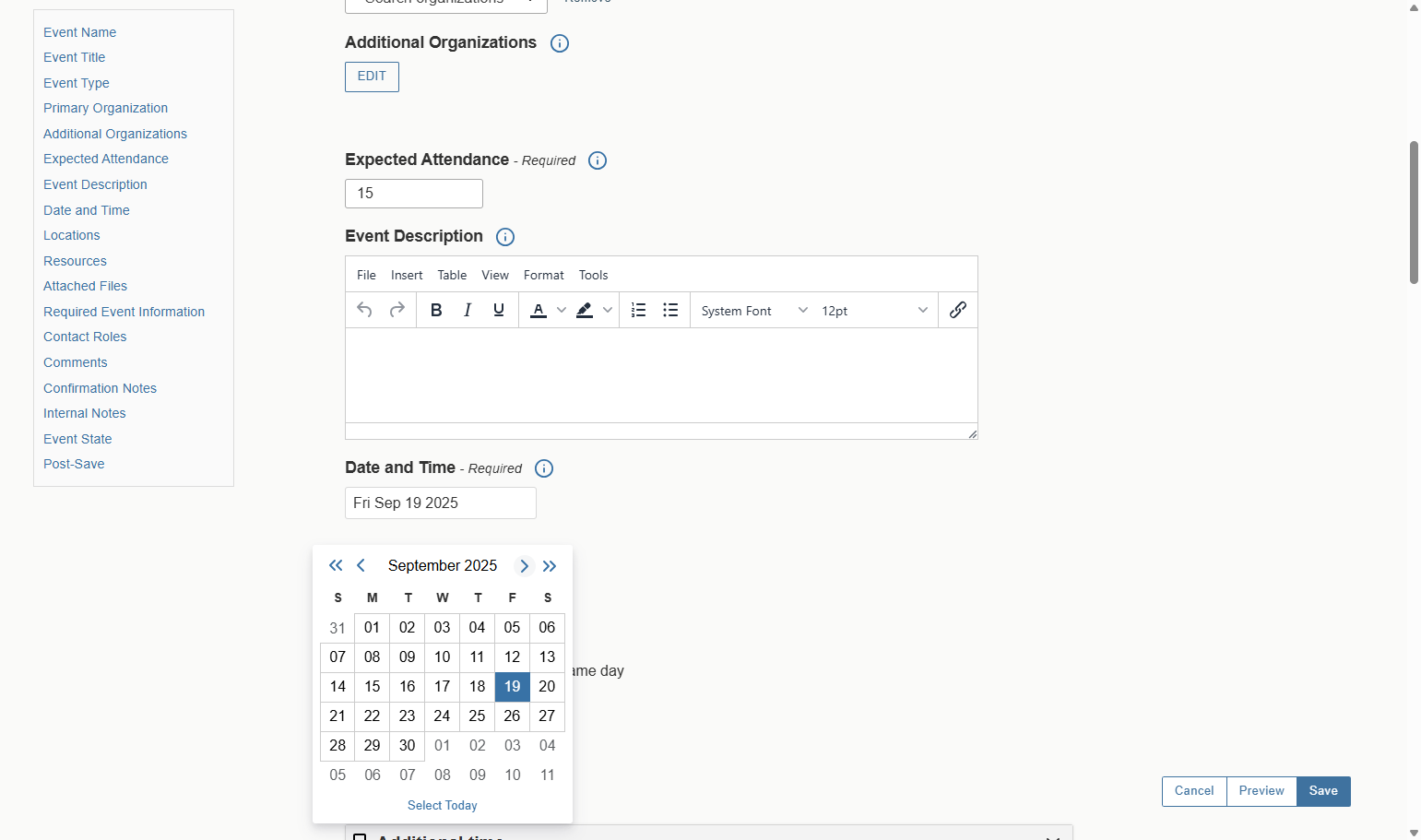 A calendar will appear and allow you to select your event date