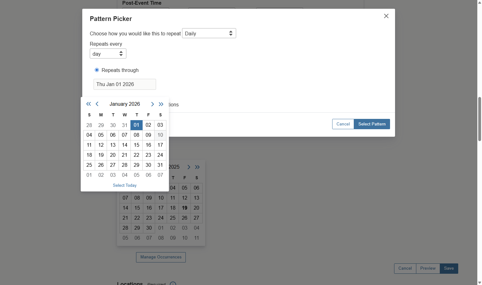 If you select Ad Hoc, you will be able to select your Repeating Pattern using the calendar.