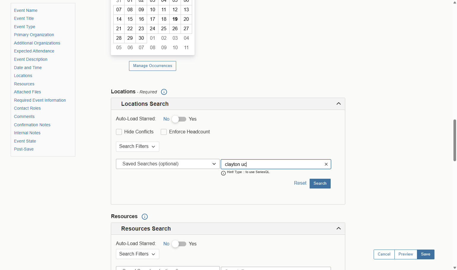 Next, you can select your location. On the first tab, you can use a preset search like "All Asa Packer Campus". The second tab allows you to search the name of a building. For instance, we have selected clayton uc