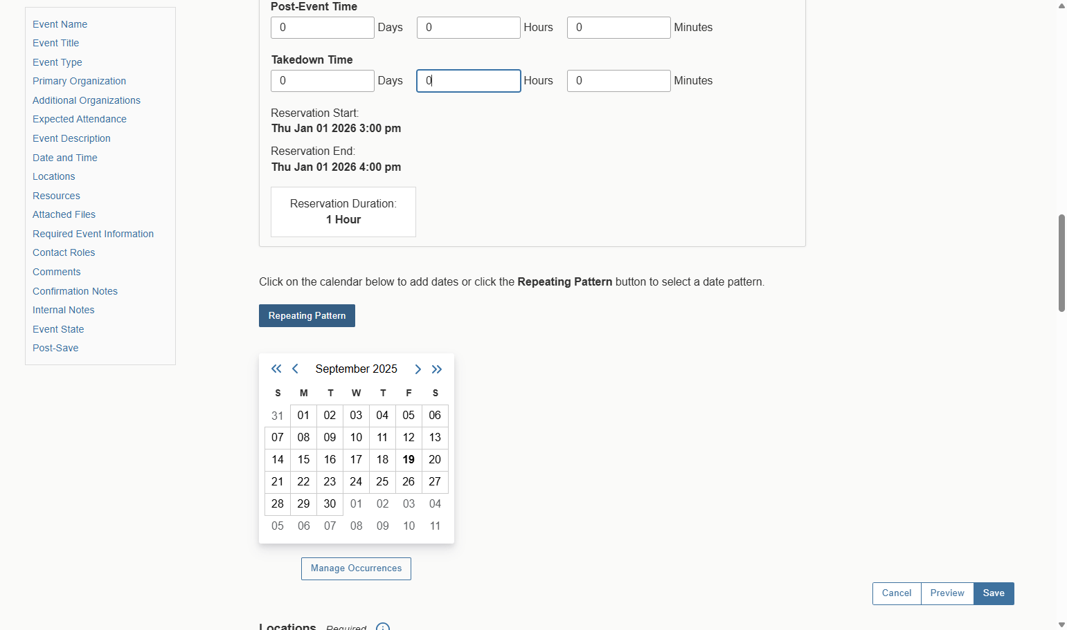 If your event is going to be recurring, select Repeat Pattern. If it is not you can disregard.