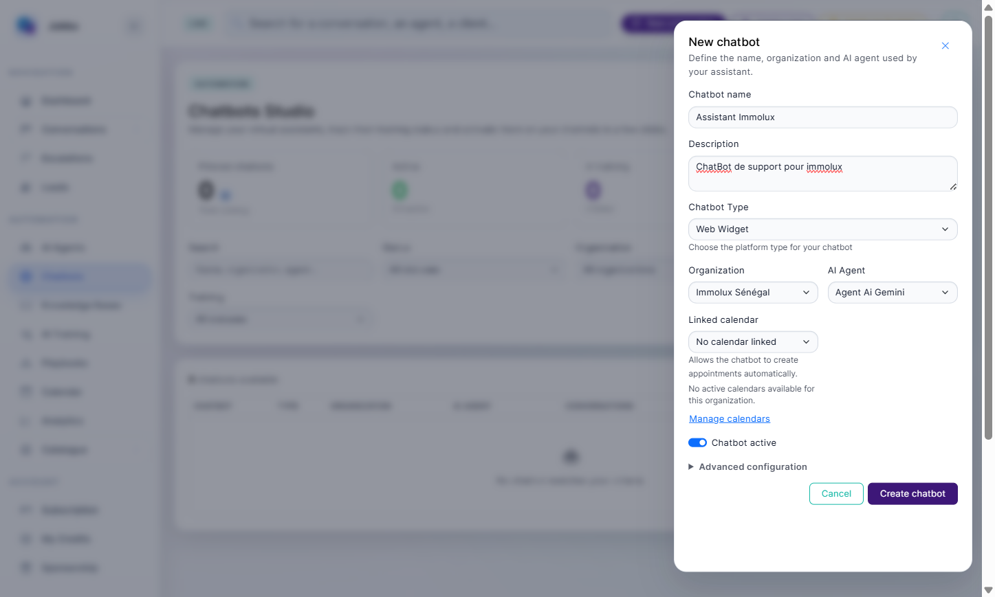 Click on Create chatbot