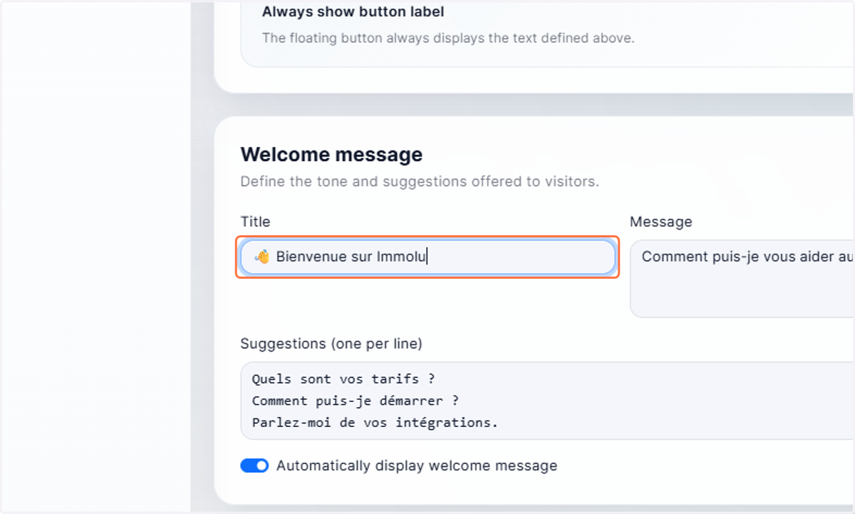 Setup a welcome message: "👋 Bienvenue sur Immolux"