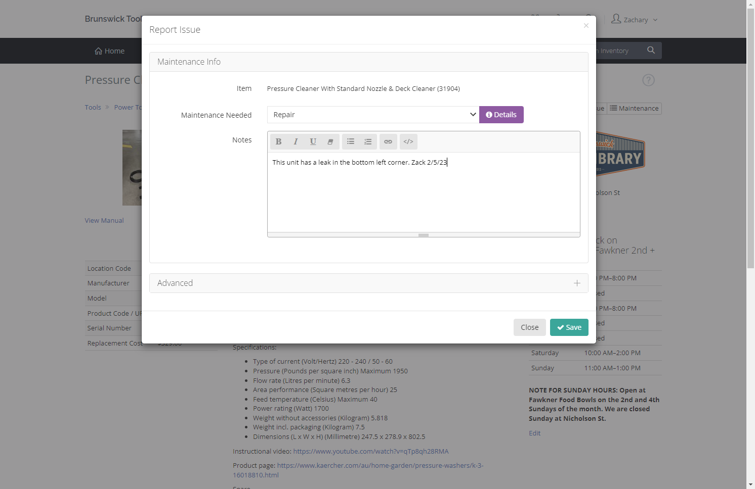 In the notes field, enter notes related to the repair. Include any comments made by the member or any indications you may have regarding the issue the tool has. Include your name and the date.
