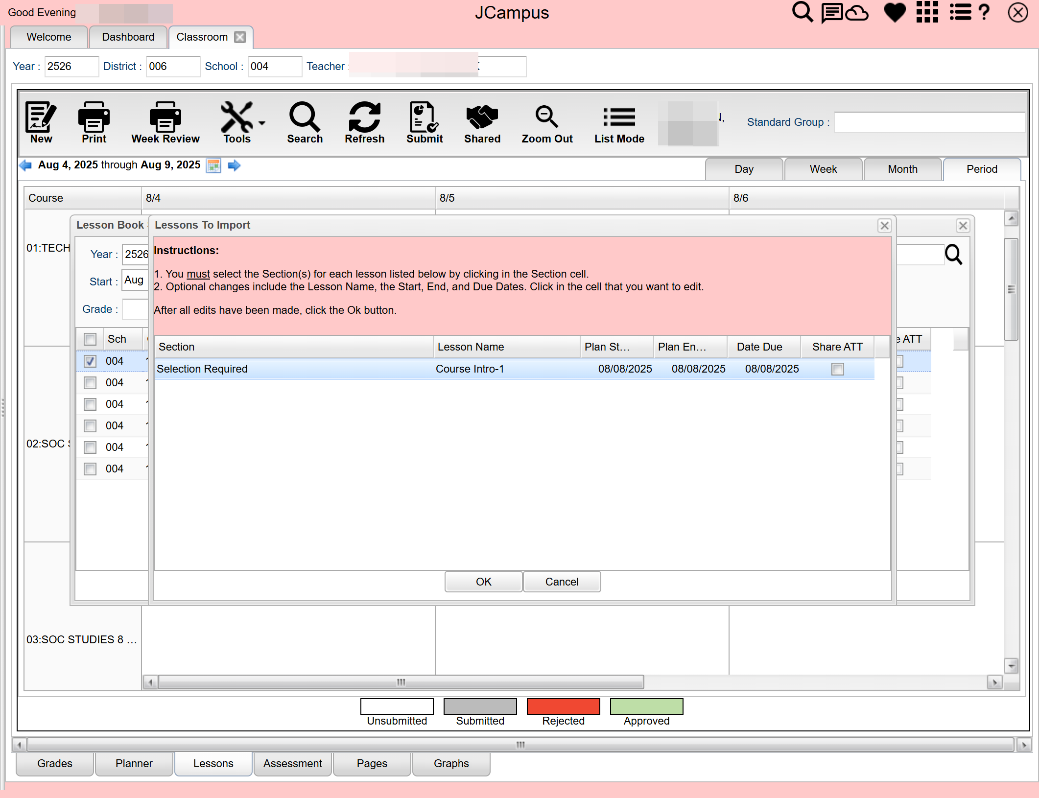 Click "Selection Required" to choose the section into which you want to import the lesson.