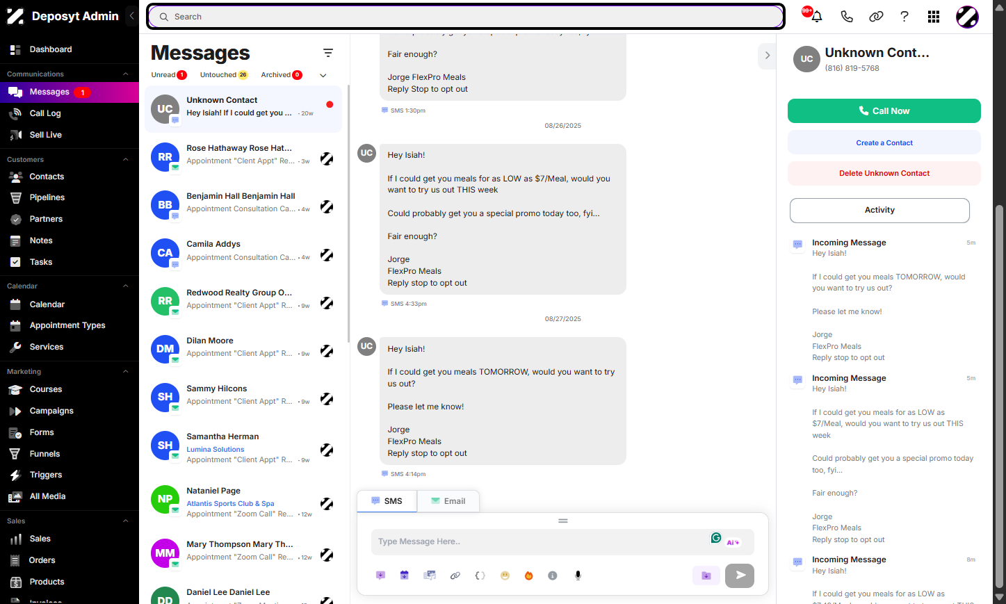 To filter messages, you can search by first name, last name, company name, or email.