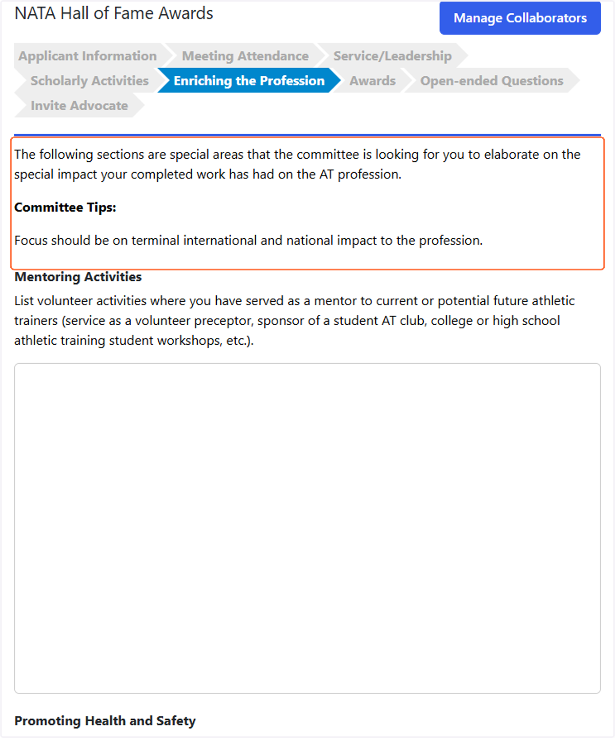 Enriching the Profession is the open-ended questions area.