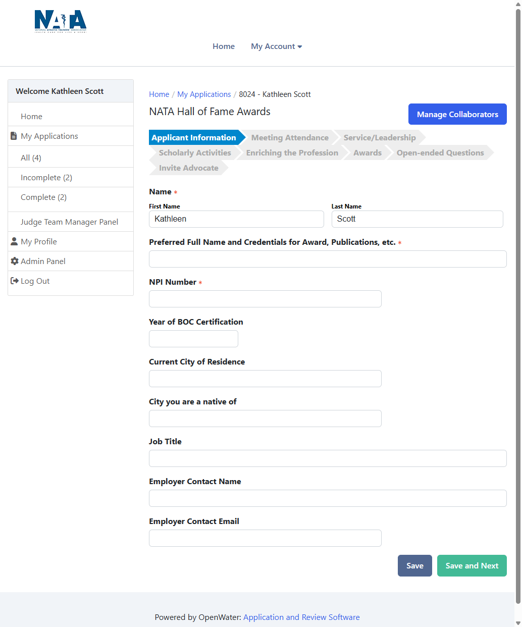 Below you can see all the sections of content the application will ask you. This may vary from award to award, so it is good to review it prior to beginning the process to ensure you have collected all the information needed.