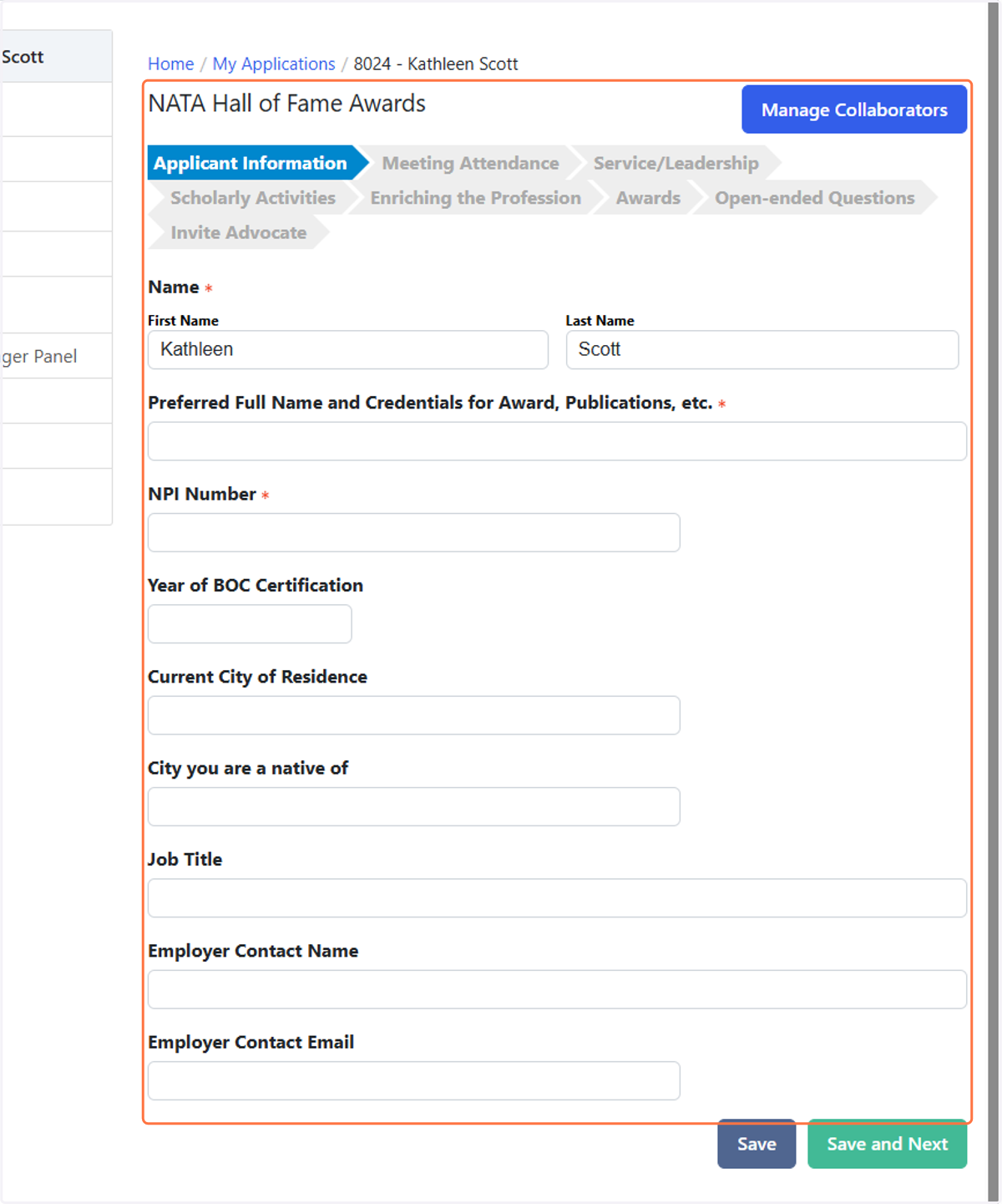 Below you can see all the sections of content the application will ask you. This may vary from award to award, so it is good to review it prior to beginning the process to ensure you have collected all the information needed.