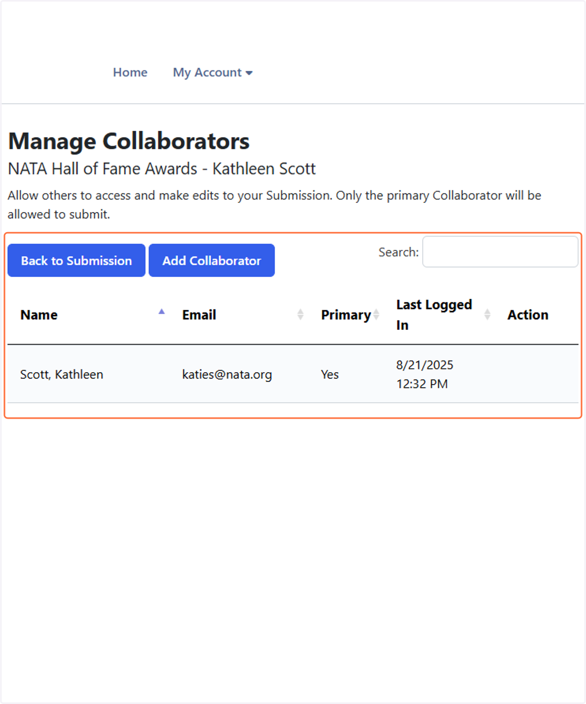 Here, you can add your nominator/sponsor if you wish to assist you with reviewing and editing your application. Click on "Back to Submission" to return to the main application once complete.