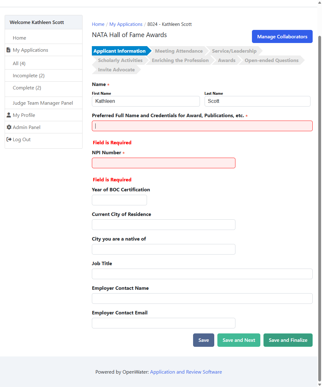 Click on Save and Finalize to submit your application.