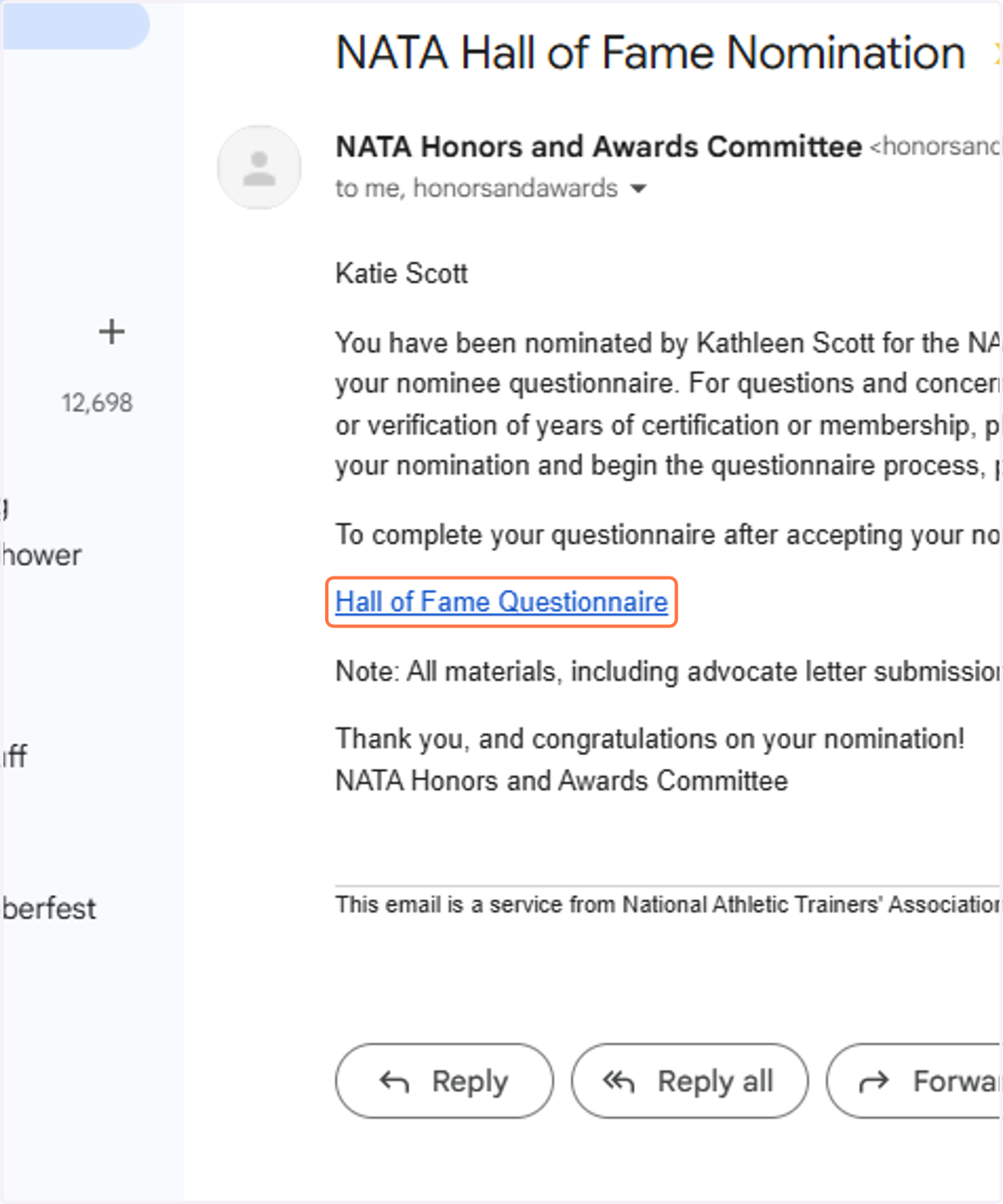 Click on the award Questionnaire link