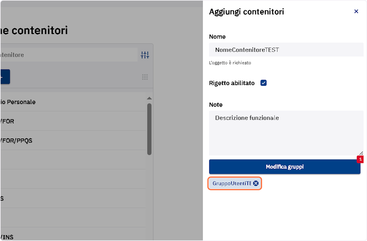 Il sistema mostra il gruppo nel pannello "Aggiungi contenitori2