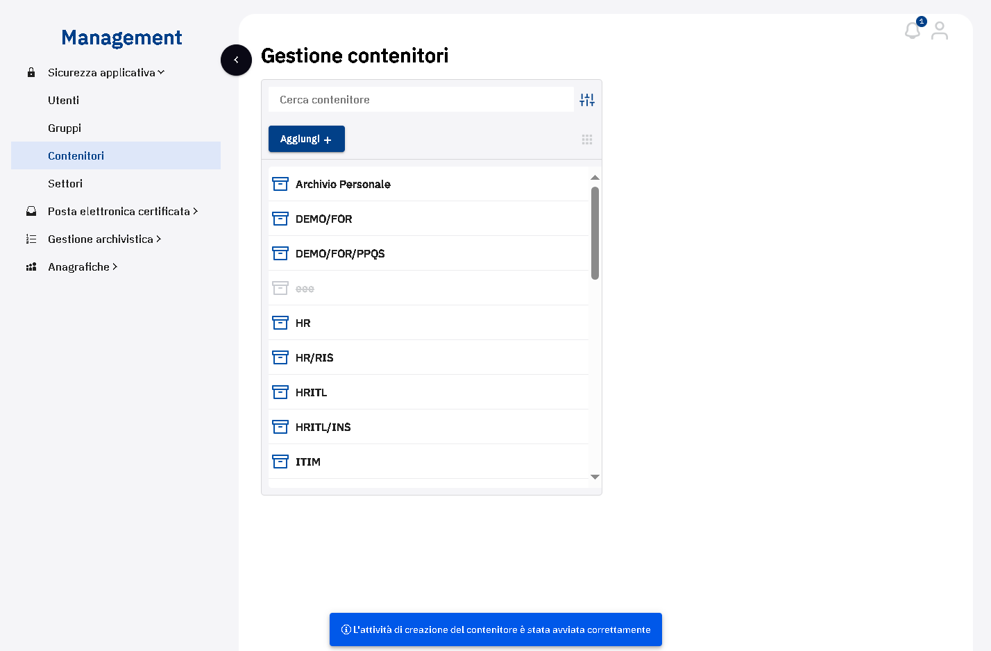 Verificare che il sistema abbia avviato correttamente l'attività di creazione del contenitore