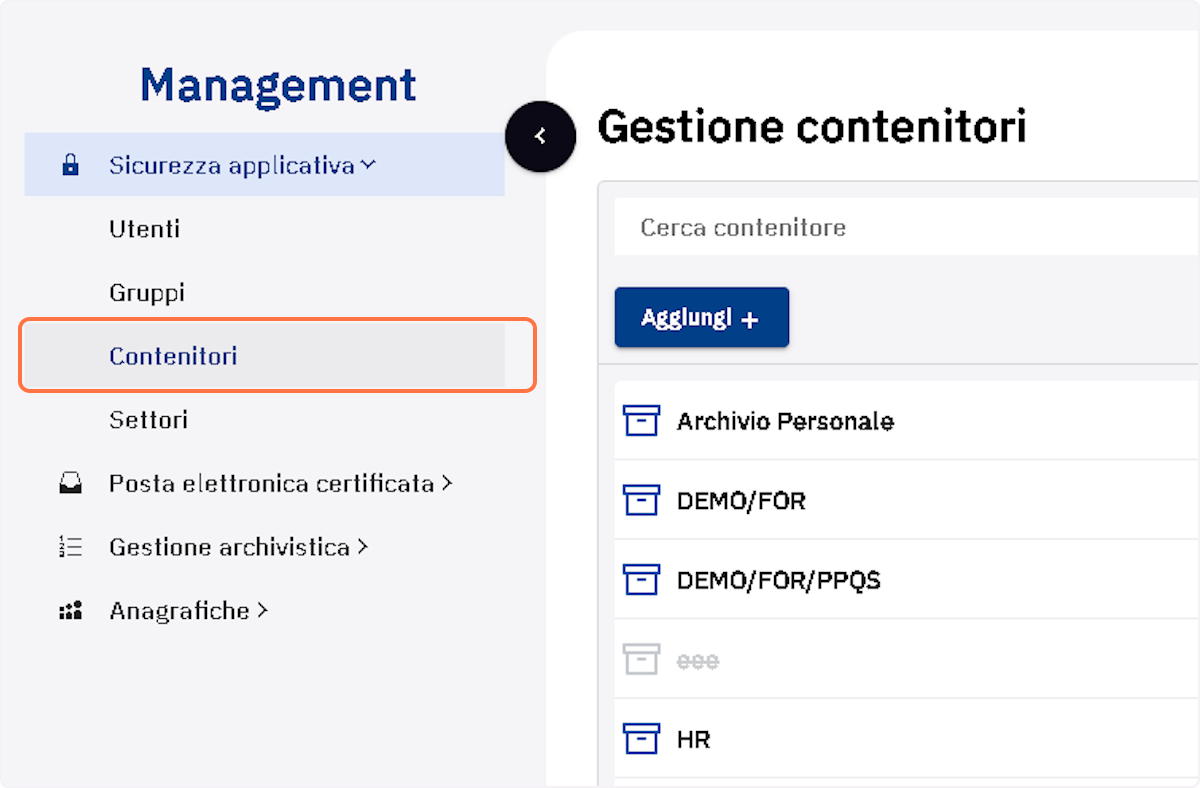 Cliccare sulla voce di menu "Contenitori"