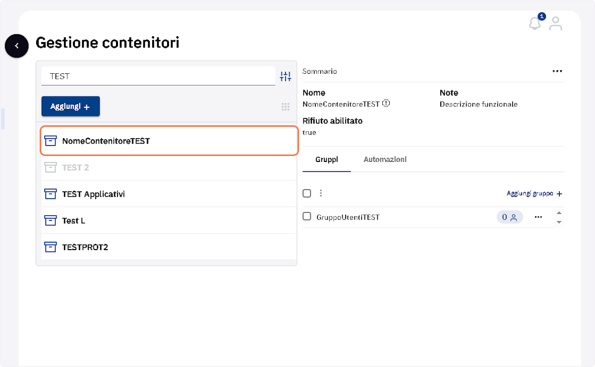 Il contenitore è stato aggiunto al database