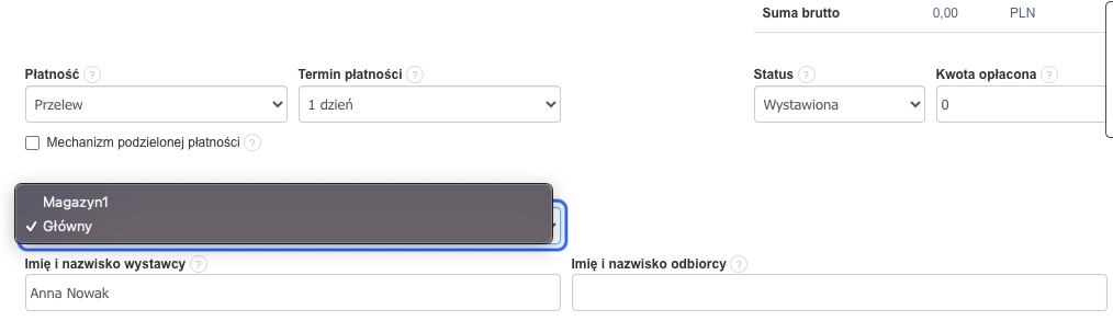 Gdy przypiszesz do faktury odpowiedni magazyn, program ograniczy wybór produktów i na liście będą pojawiać się tylko te produkty, które występują w danym magazynie.