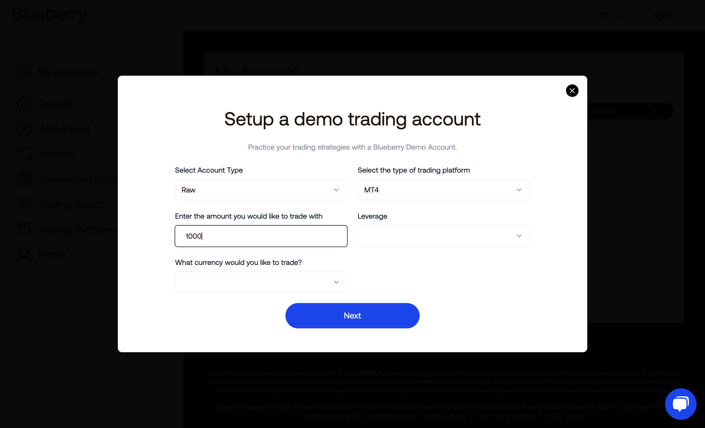 Enter the amount of virtual funds you'd like to have