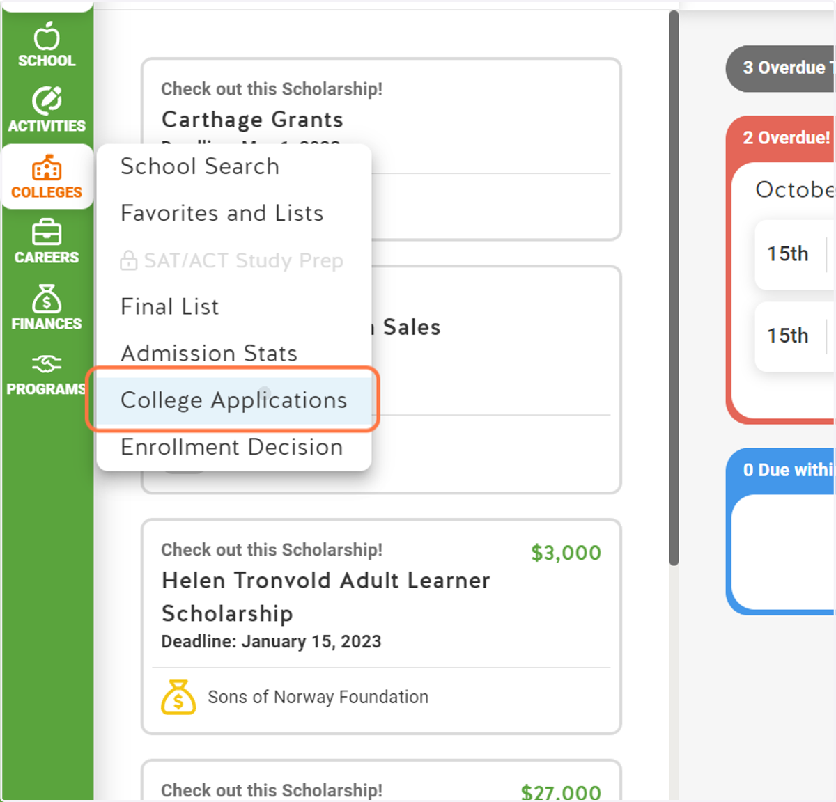 Click on College Applications