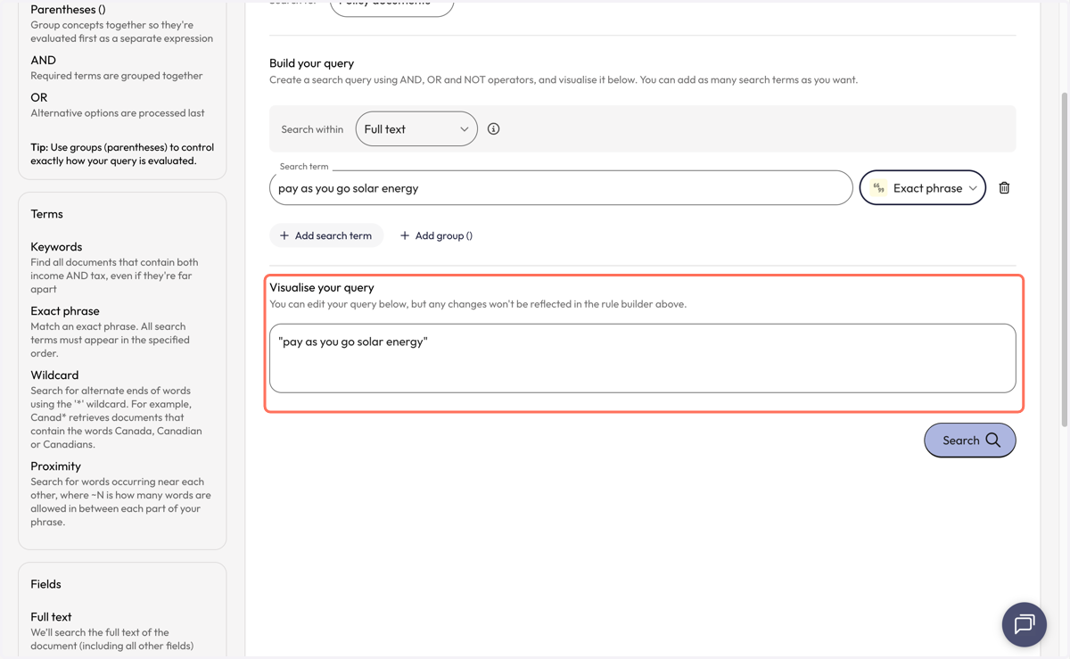 Notice that your search query is now being visualised in the box below with the selected search strategy applied.