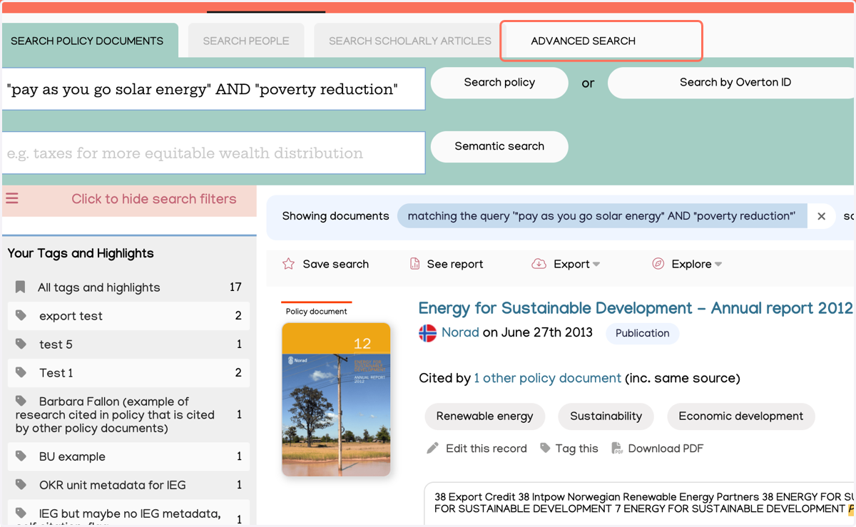 At any point, users can return to the query builder to edit further by clicking on 'Advanced search' in the top menu.