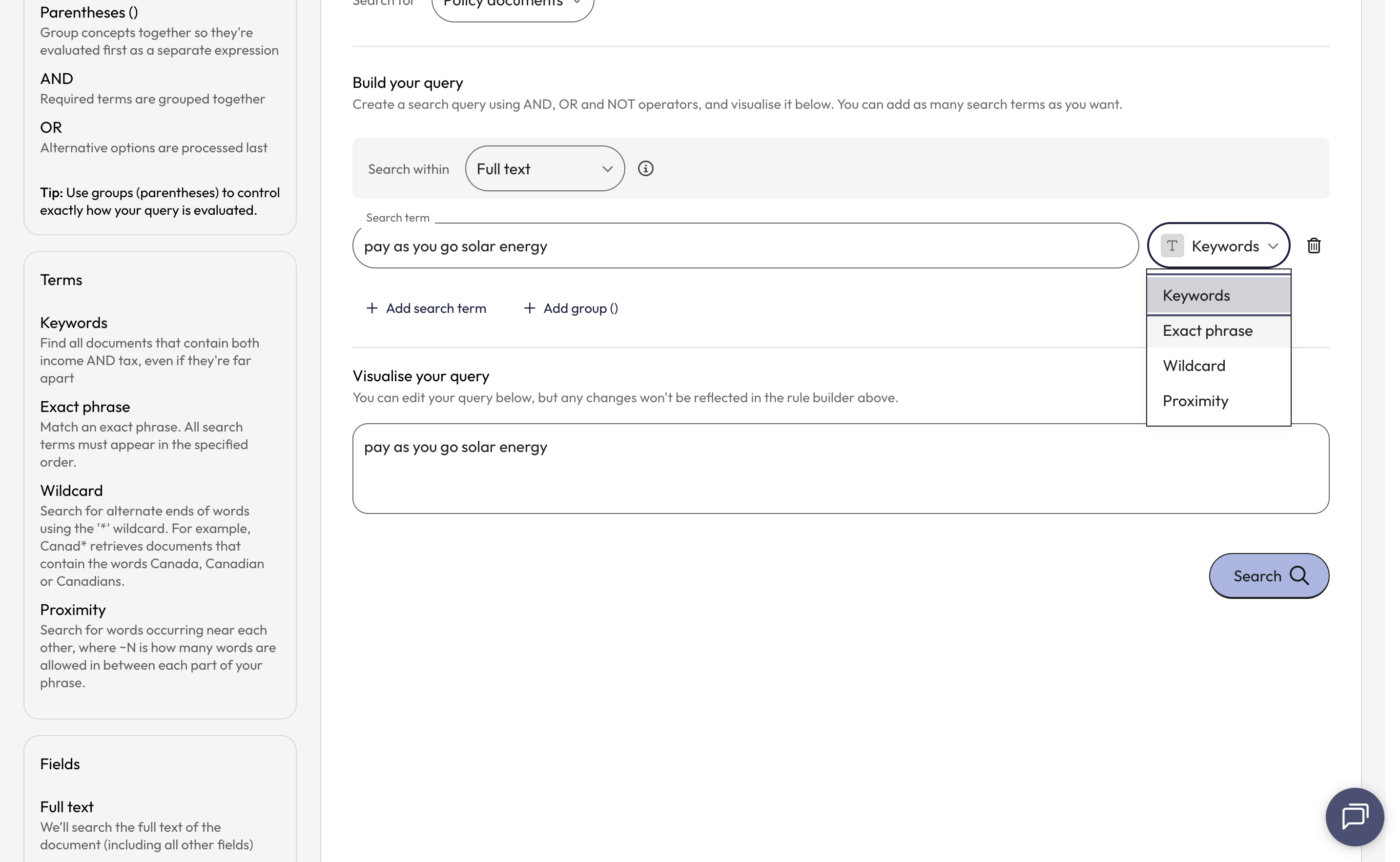 Then, open the dropdown to the right of the query line to select the search strategy you want to apply to the search term.