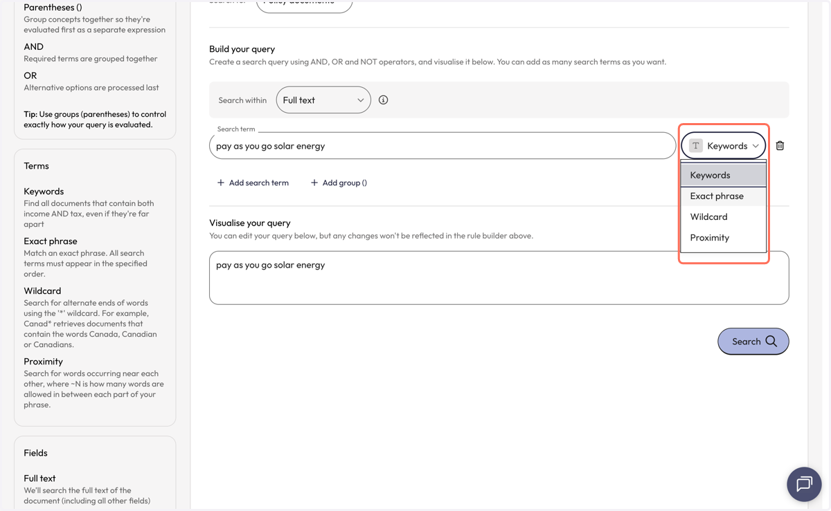 Then, open the dropdown to the right of the query line to select the search strategy you want to apply to the search term.