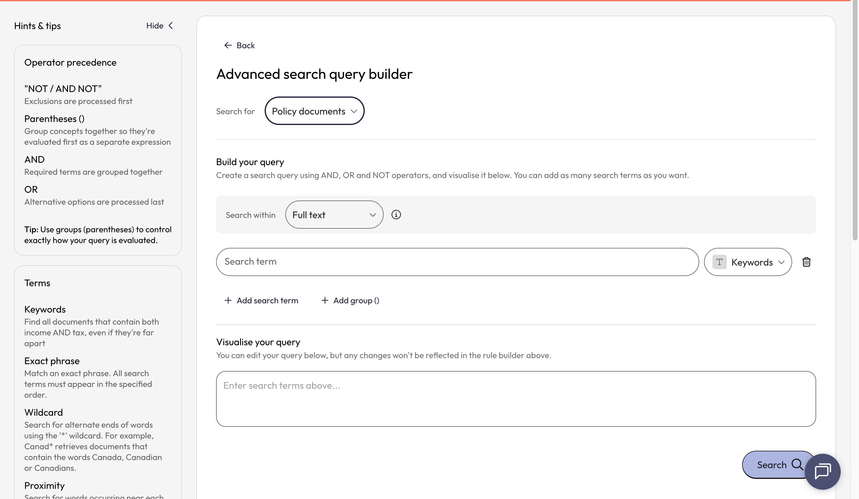 'Operator precedence' describes the order in which operators will be processed within the search query. Operators can be selected as search terms are added to the query.
