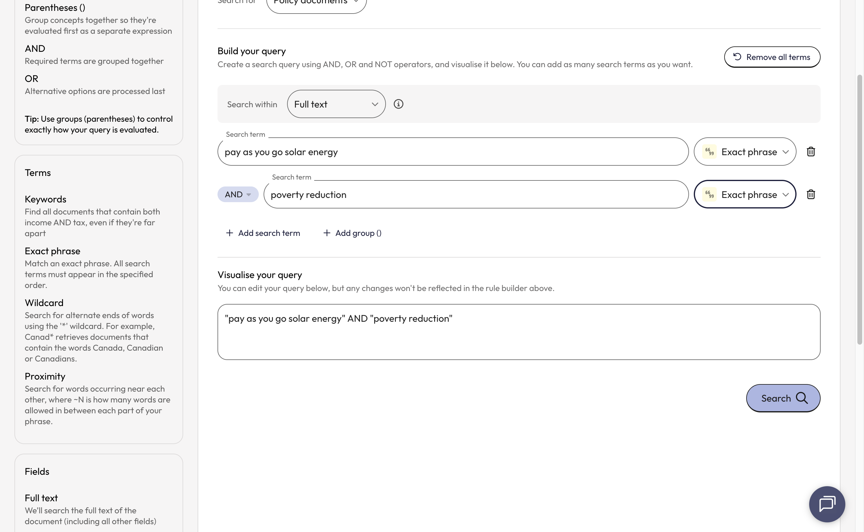 Your query visualisation will be updated as you add new search terms. You can edit the query from the visualisation box but note that if you edit your query from the visualisation box, these changes will not be reflected in the query builder above.