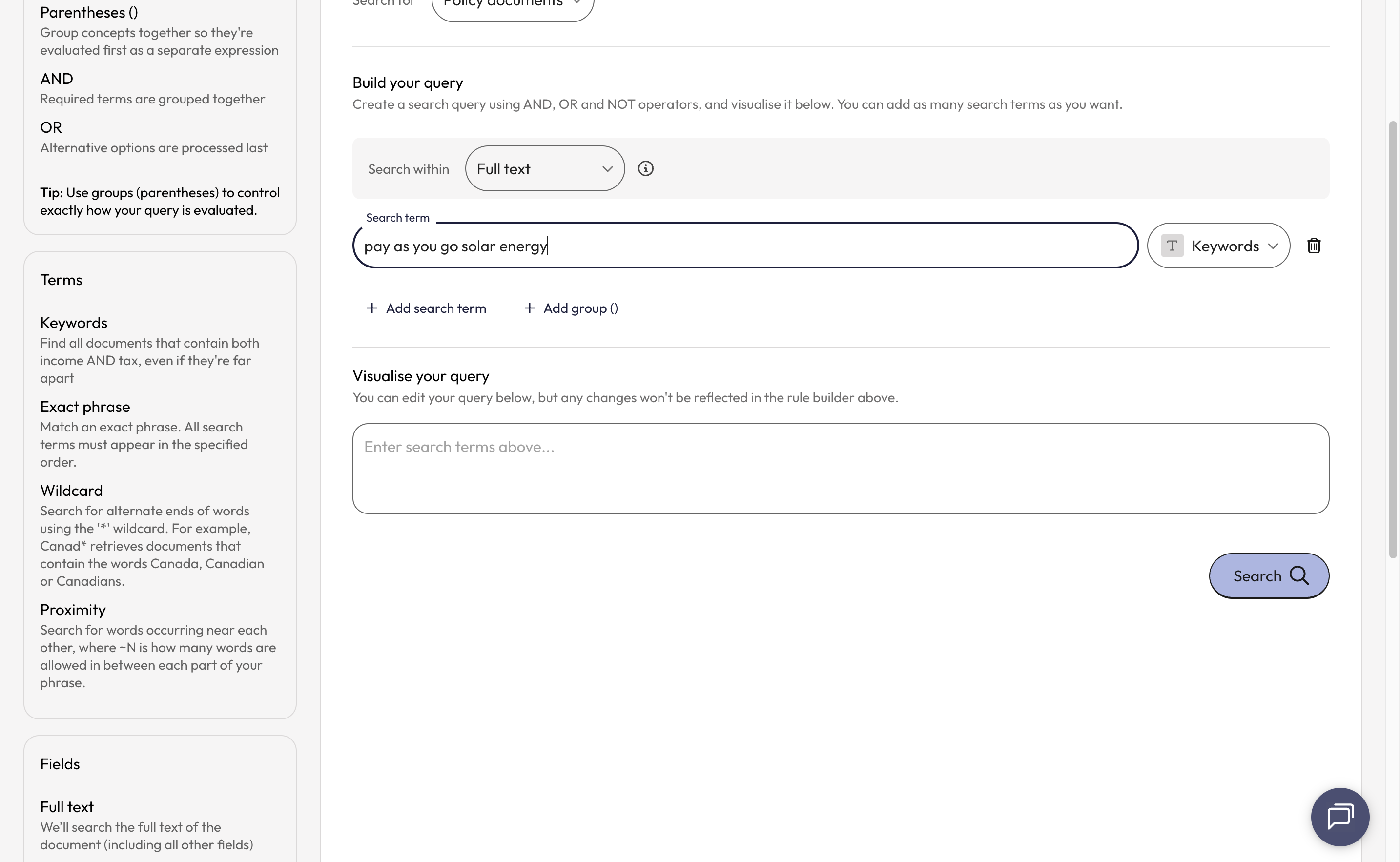 Enter your first search term or terms into the 'Search term' line.