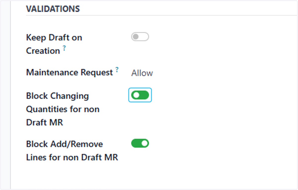 Check Block Changing Quantities for non Draft MR