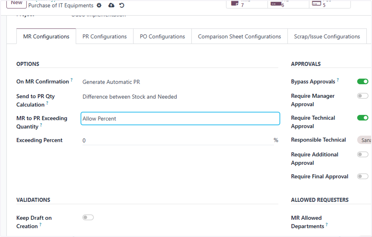 Select Allow Percent from MR to PR Exceeding Quantity?
