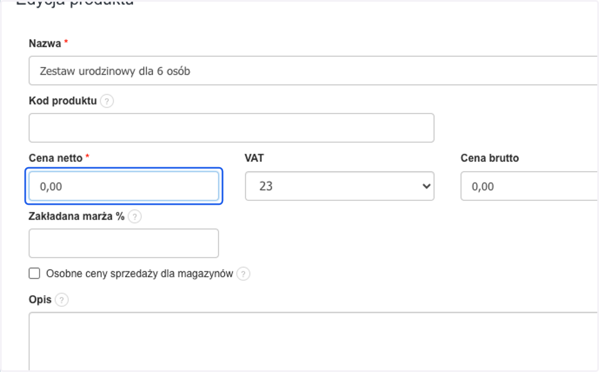 Cena netto: wpisz 0,00, jeśli chcesz, by cena zestawu została automatycznie obliczona na podstawie cen produktów składowych.