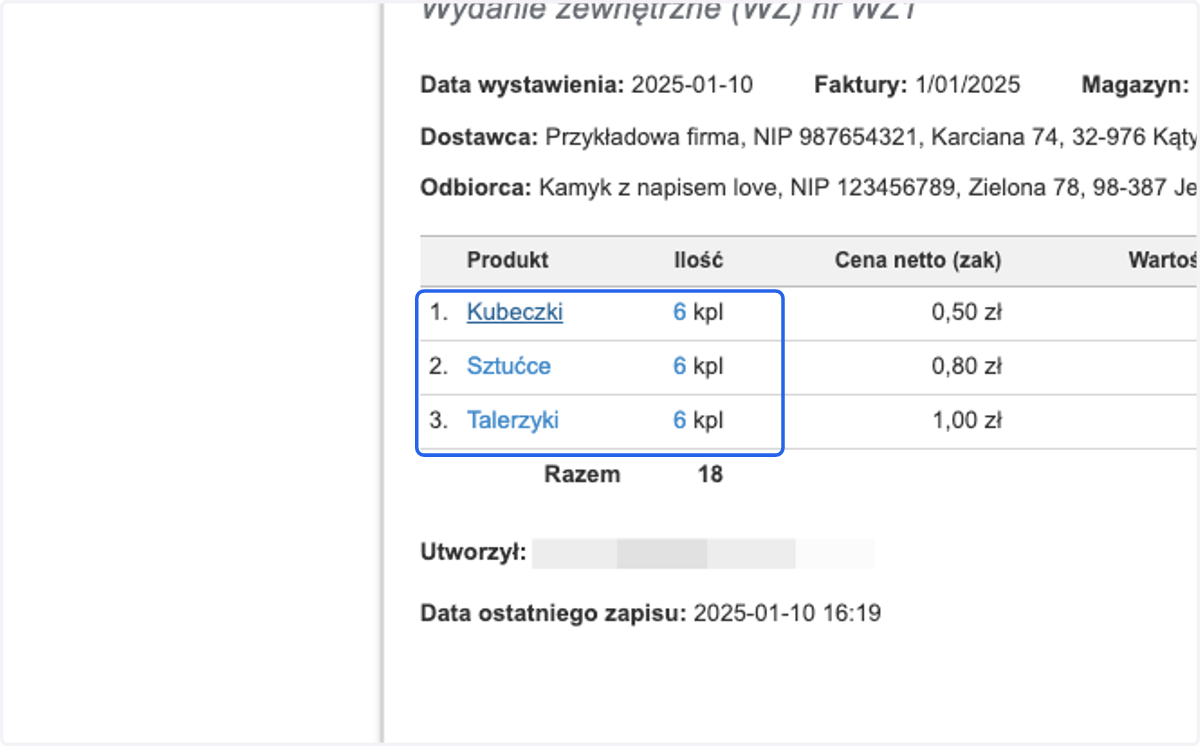 WZ będzie zawsze przedstawiał sprzedaż ilości produktów wchodzących w skład tego zestawu.