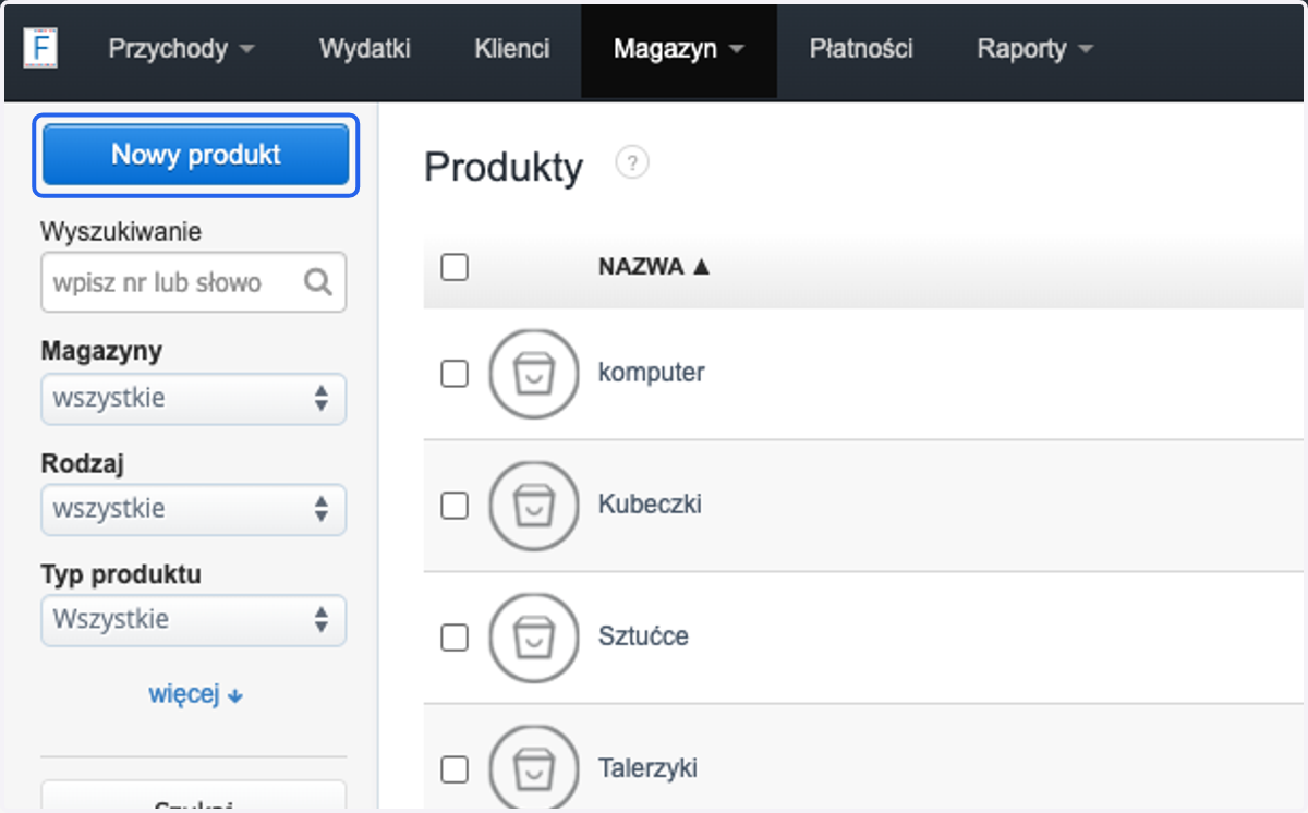 Za pomocą przycisku 'Nowy produkt' przejdź do formularza tworzenia nowego produktu.